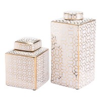 Laberint Covered Jar Large Gold And White   567233083